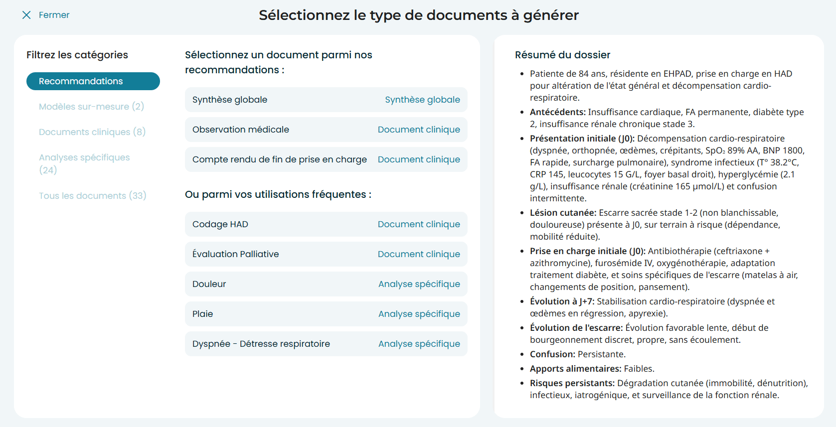 Sélecteur de documents MedCopilot — recommandations, modèles sur mesure, documents cliniques et analyses spécifiques par catégorie.