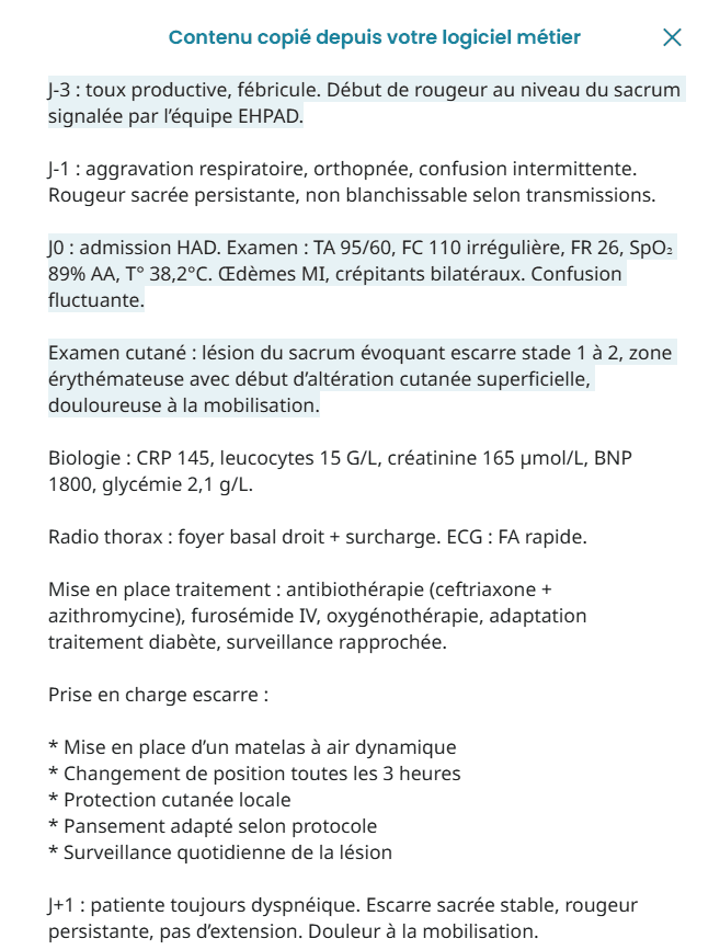 Vérification des sources — chaque phrase clinique est surlignée et liée à l'extrait du dossier d'origine.