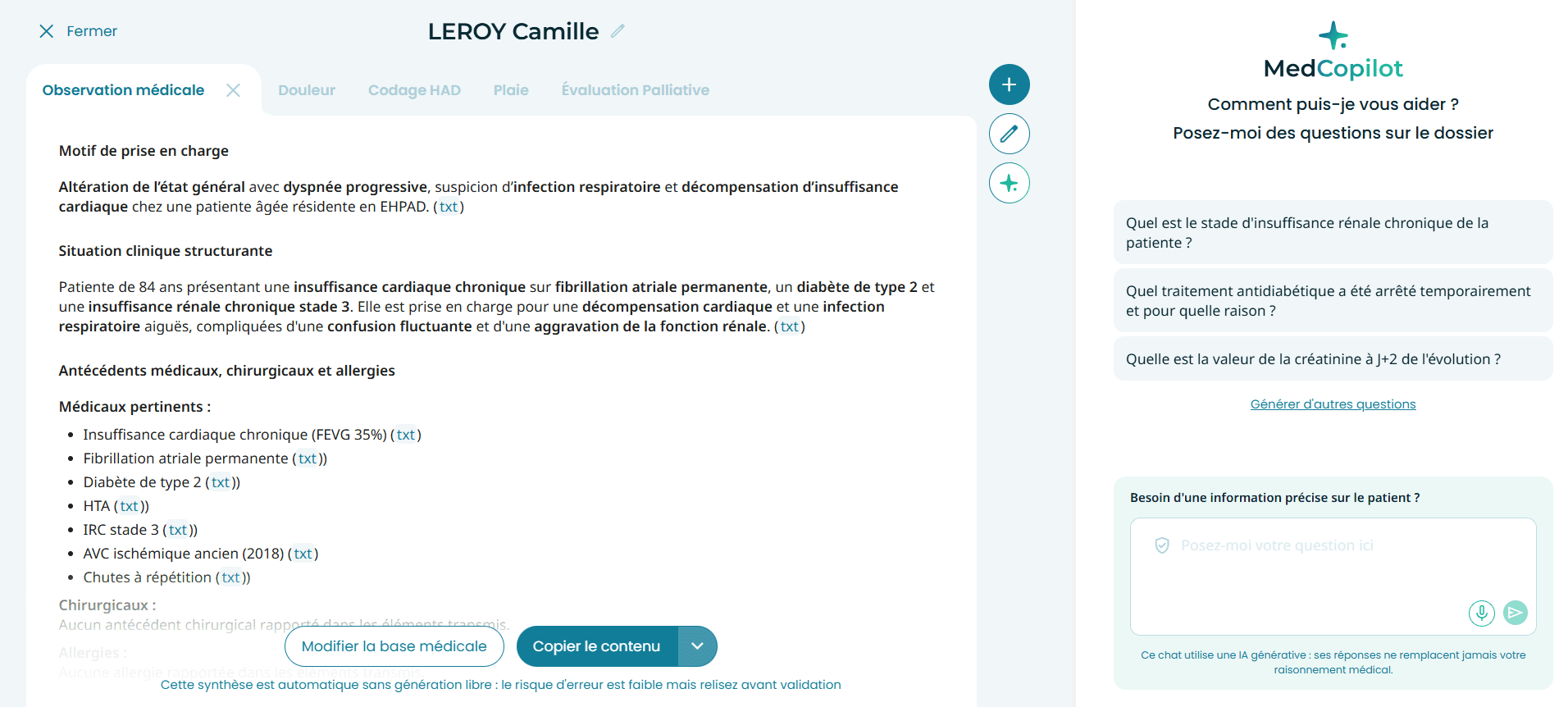 Capture d'écran de l'application MedCopilot — observation médicale structurée d'une patiente avec panneau Explorer à droite, sources cliquables sur chaque ligne.