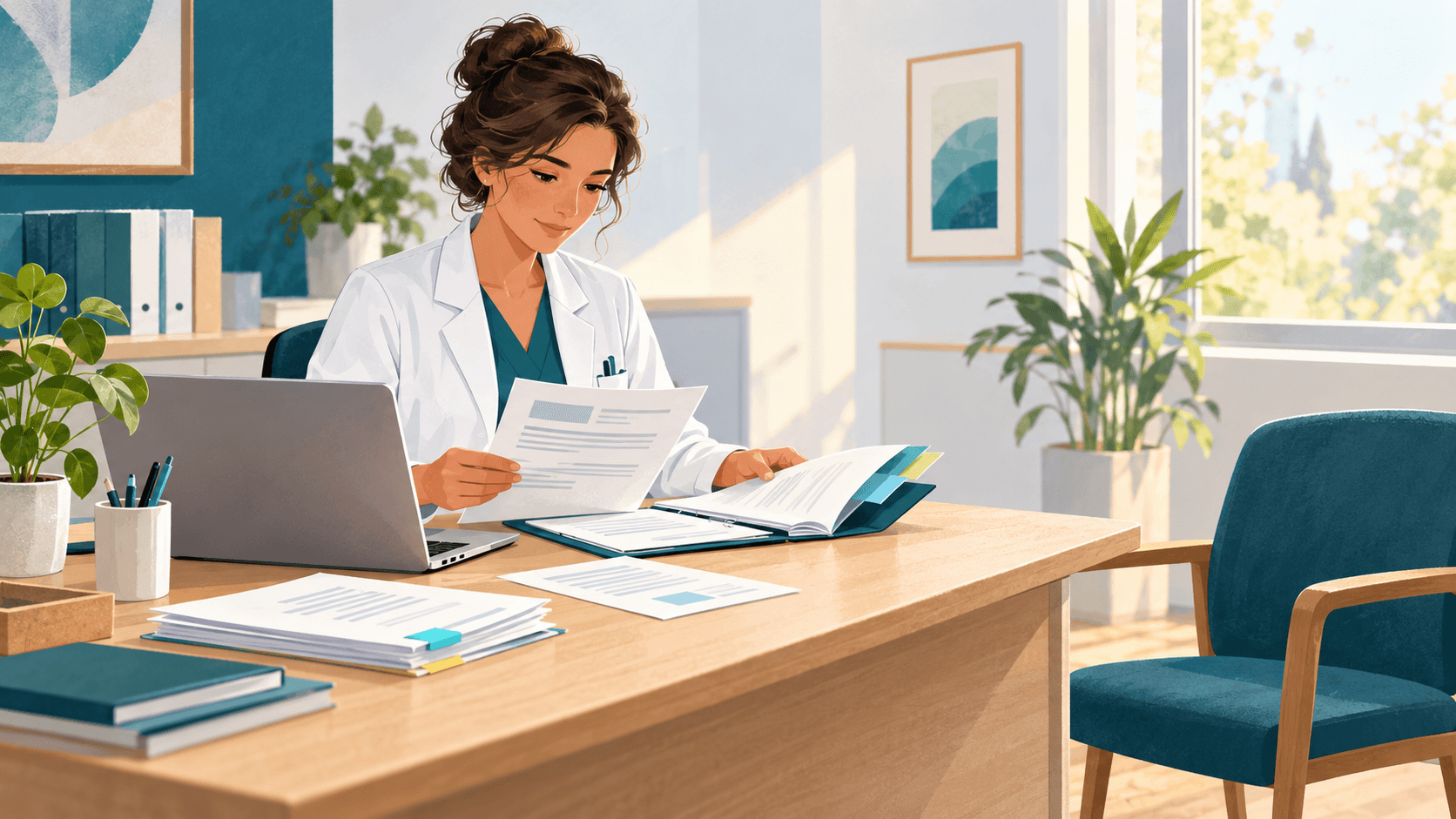 Illustration d’une soignante préparant une consultation en parcourant les documents d’un dossier patient, à côté de son ordinateur.