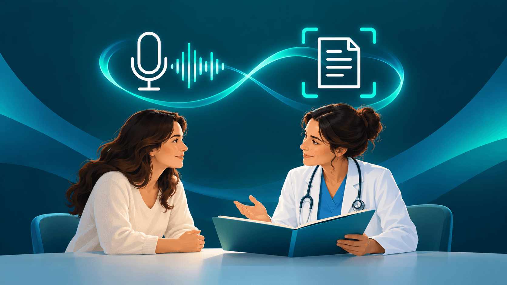 Une patiente échange avec une soignante autour d’un dossier médical. Au-dessus, des symboles reliés par une onde turquoise, illustrent la complémentarité entre l’audio et l’OCR.