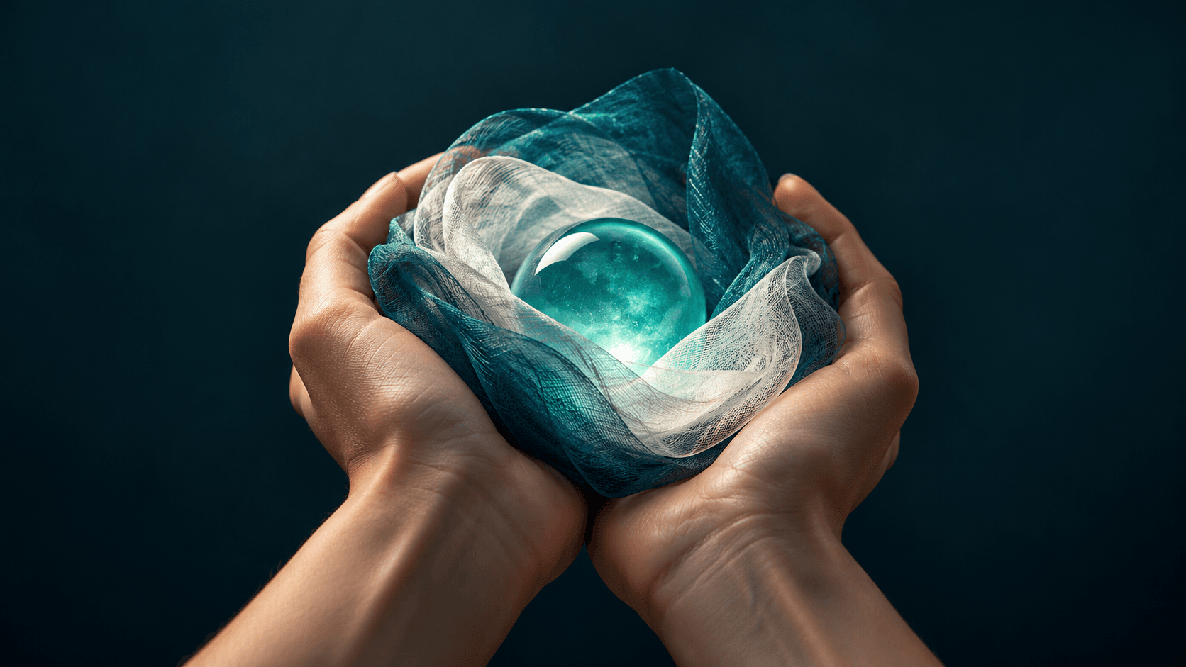 des mains protègent une sphère lumineuse turquoise dans un tissu délicat. Une métaphore de la confidentialité et de la confiance