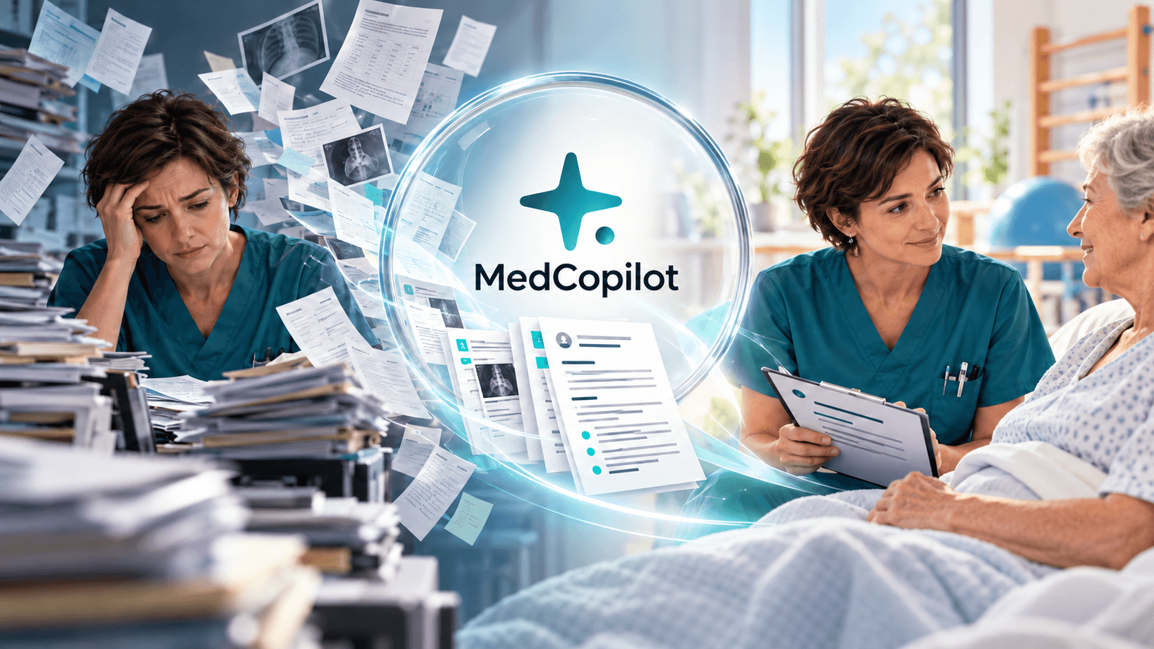 dossier dispersé et épuisant à une synthèse claire avec MedCopilot, son étoile et son point, puis à une soignante disponible auprès du patient.